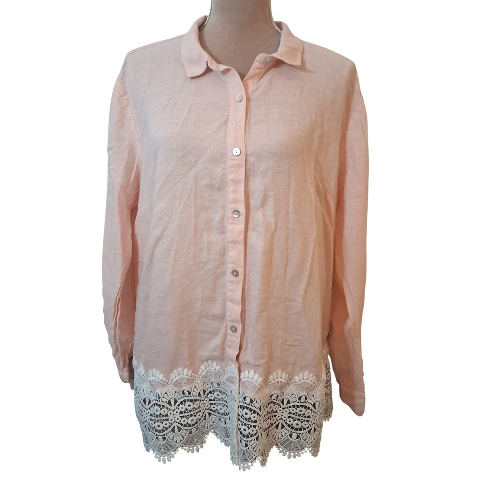 Susan Graver Pure Peach Linen Blend Lace Hem Button Down Shirt Womens Medium